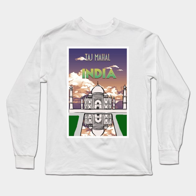 Taj Mahal Retro Travel Poster Long Sleeve T-Shirt by Sarahmw